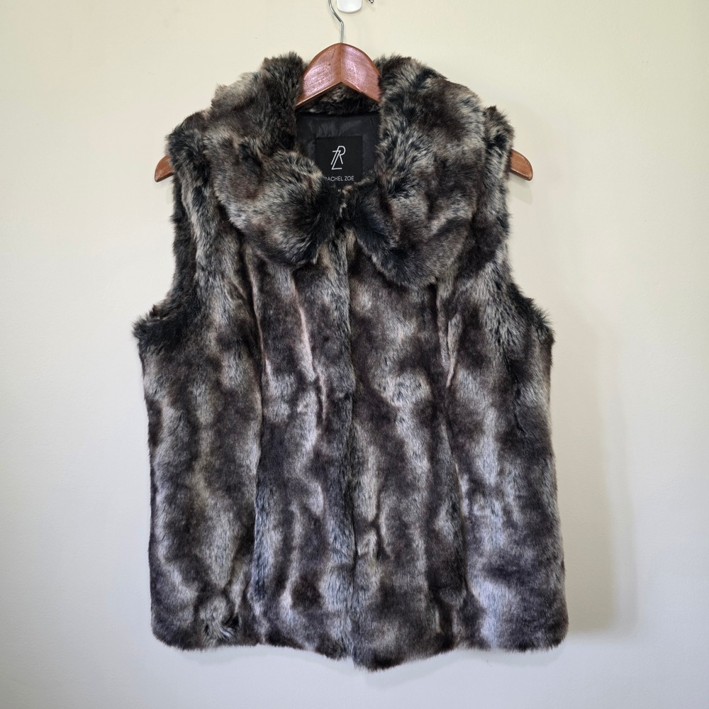 Rachel Zoe Faux Fur Vest Womens Medium Brown Grey Portrait Collar Glam Chic